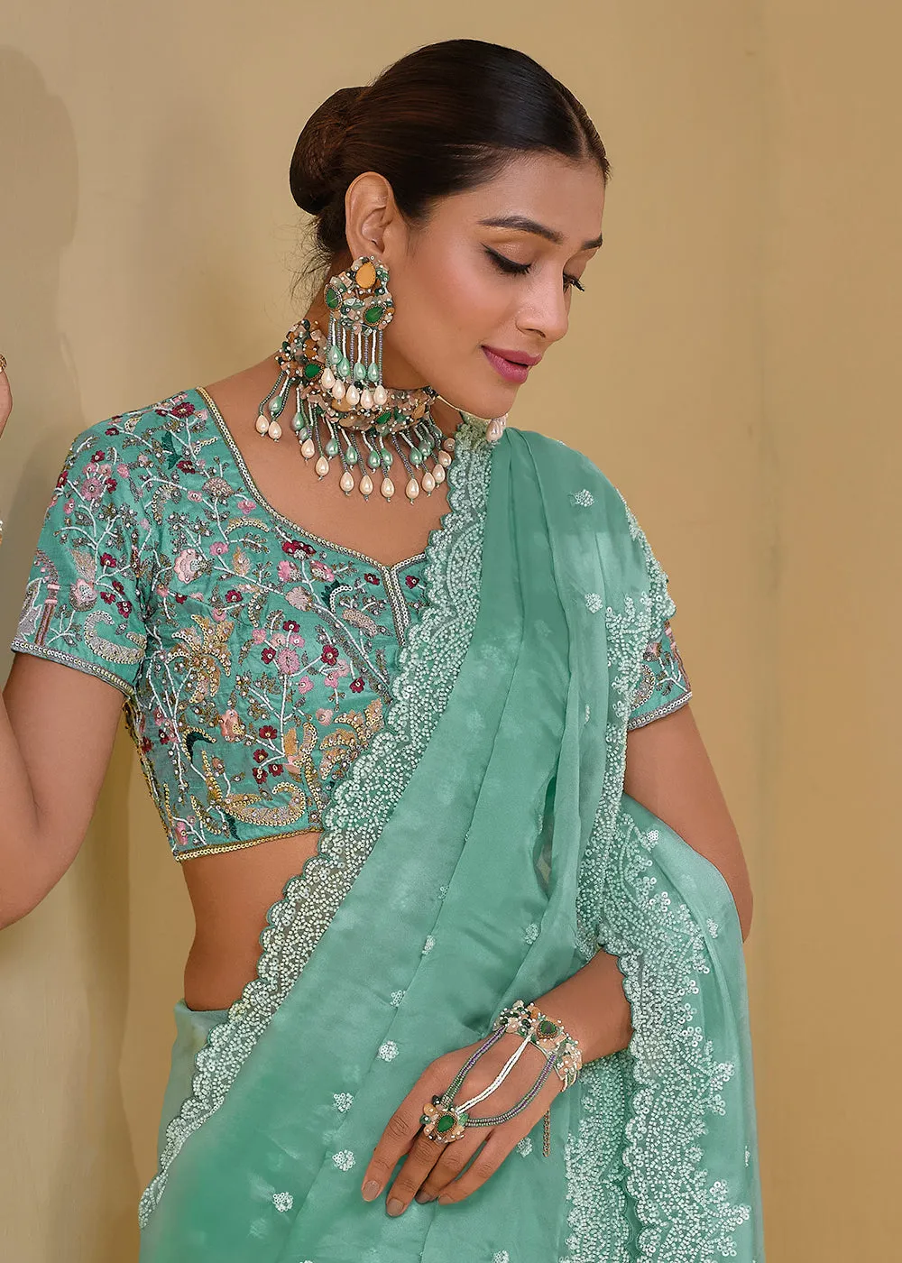 Sea Green Banarasi Silk Embroidered Designer Saree