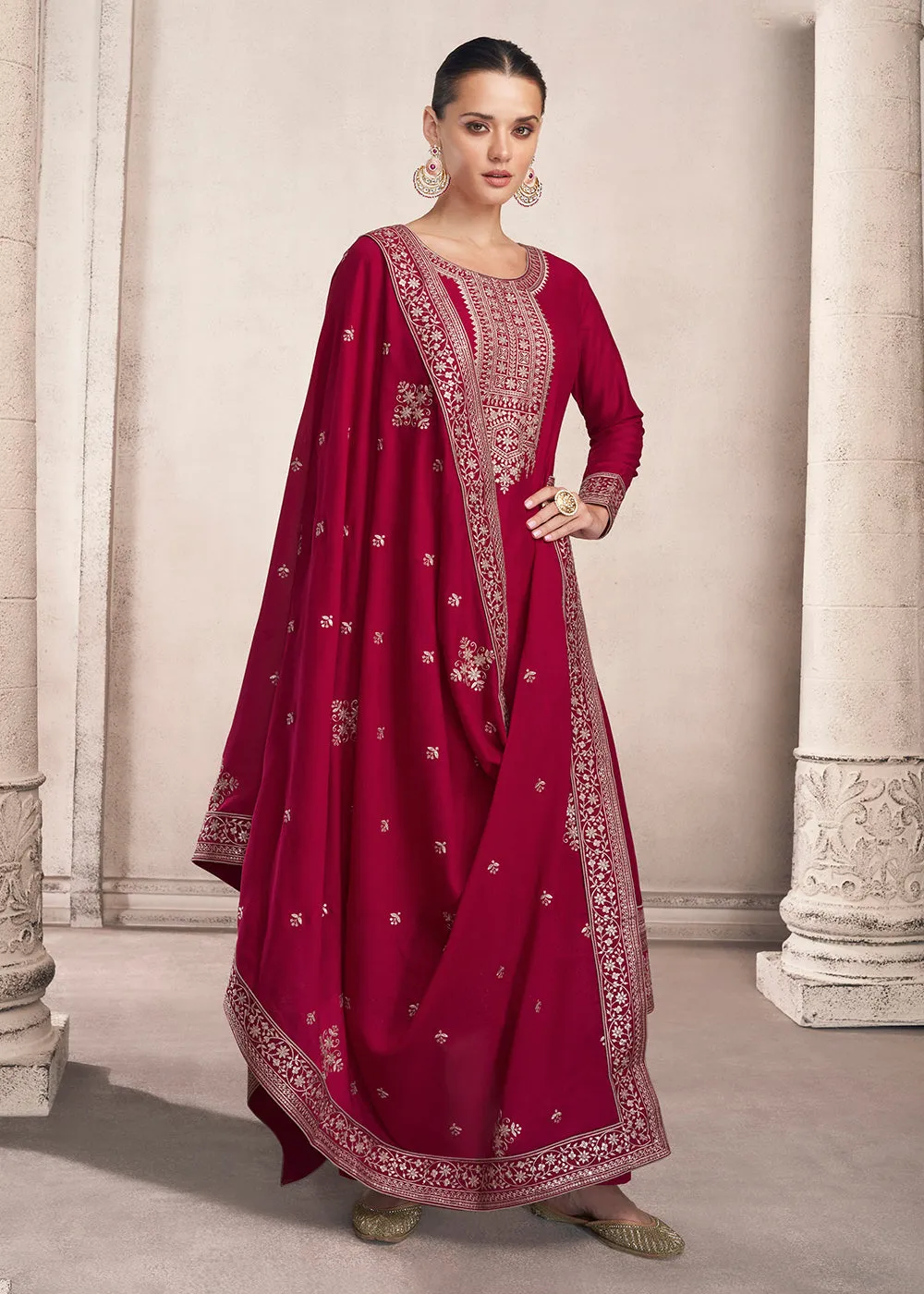Straight Cut Magenta Pink Silk Festive Salwar Kameez