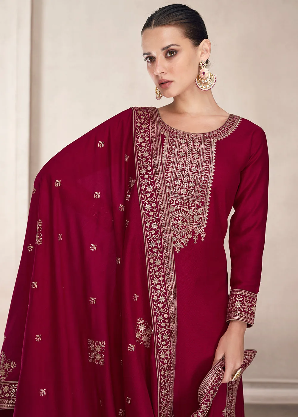 Straight Cut Magenta Pink Silk Festive Salwar Kameez